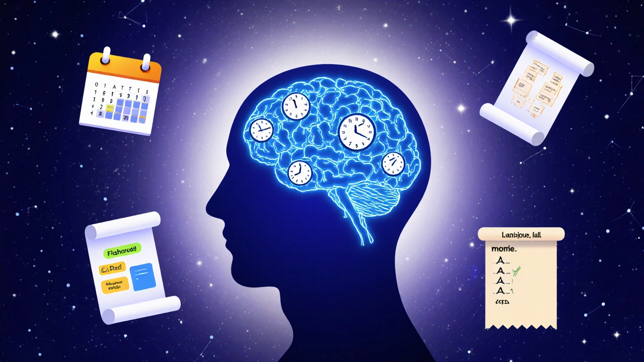 Brain illustration with icons for spaced repetition, chunking, flashcards, and mnemonics.