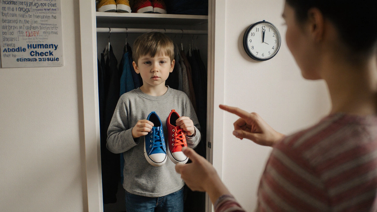 Child choosing between two pairs of shoes while a parent offers calm guidance.