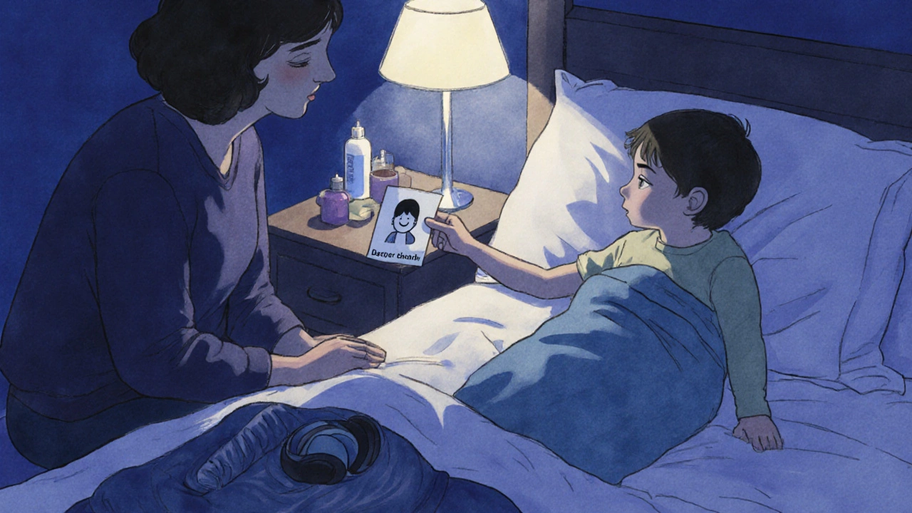 Child touching a communication card for deep breaths, parent beside them at bedtime.