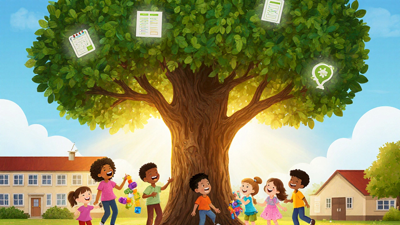 Children playing under a large oak tree with supportive icons in its leaves.