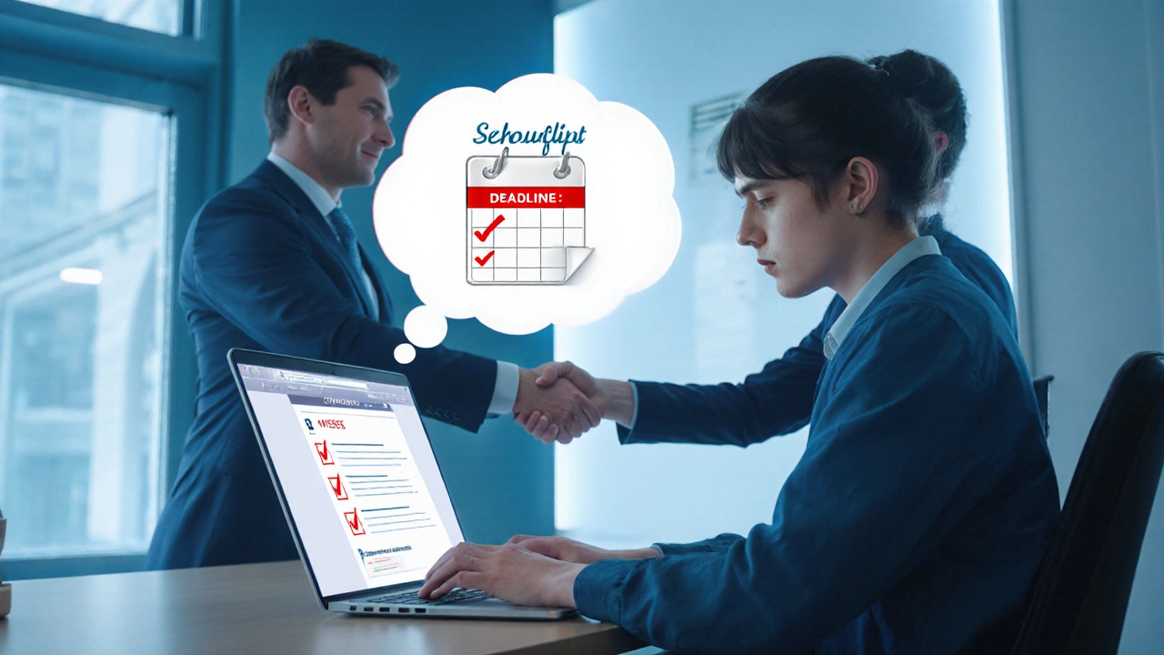 College student emailing a sponsor, shaking hands, and checking a calendar deadline.