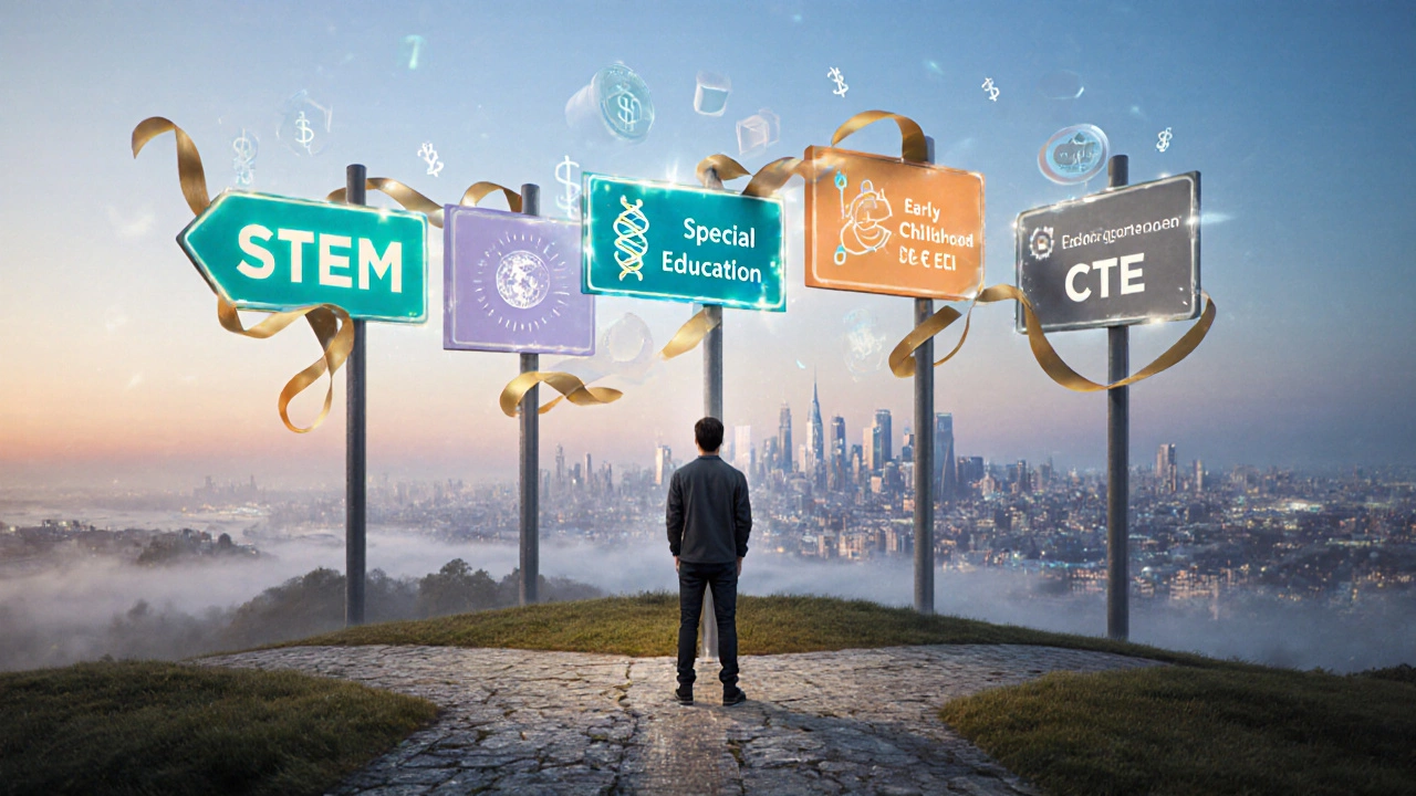 Conceptual crossroads with a teacher looking at signposts for STEM, Special Ed, ESL, Early Childhood, and CTE, with salary ribbons.
