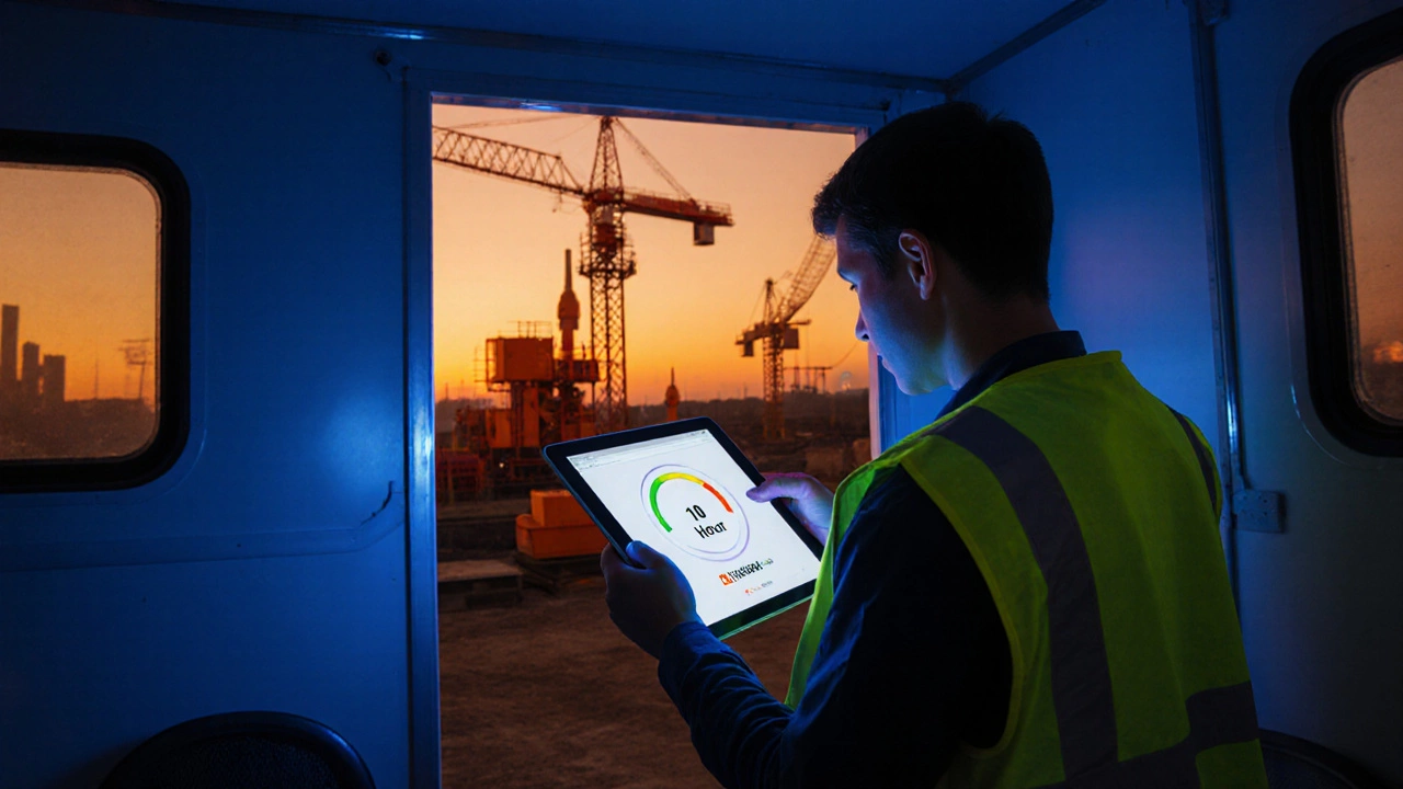 Construction worker viewing OSHA 10‑Hour course on tablet inside a trailer at sunrise with site equipment outside.
