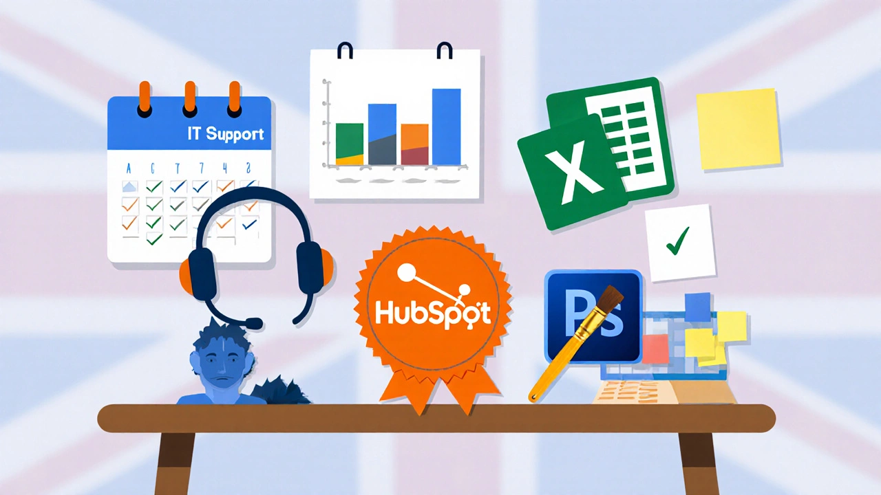 Desk displaying symbols for five easy certificate courses: headset, badge, spreadsheet, Photoshop tools, and project timeline.