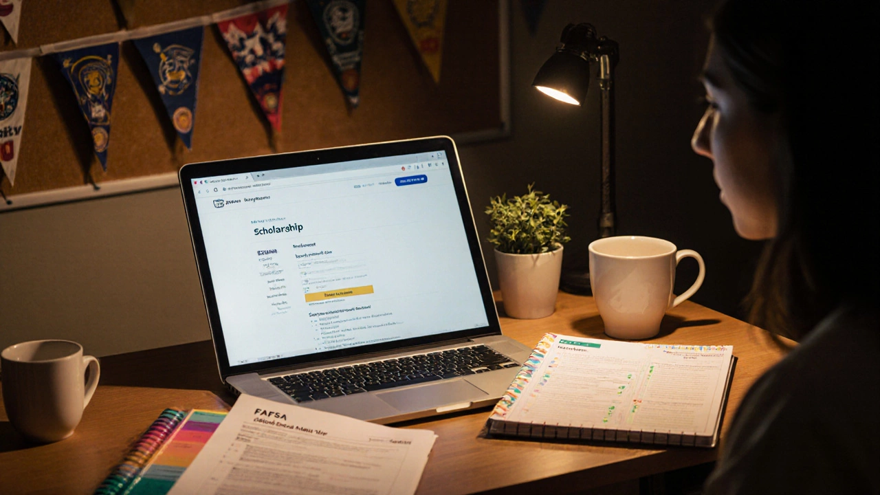 Desk scene with laptop, FAFSA form, resume, planner and coffee, ready for scholarship applications.