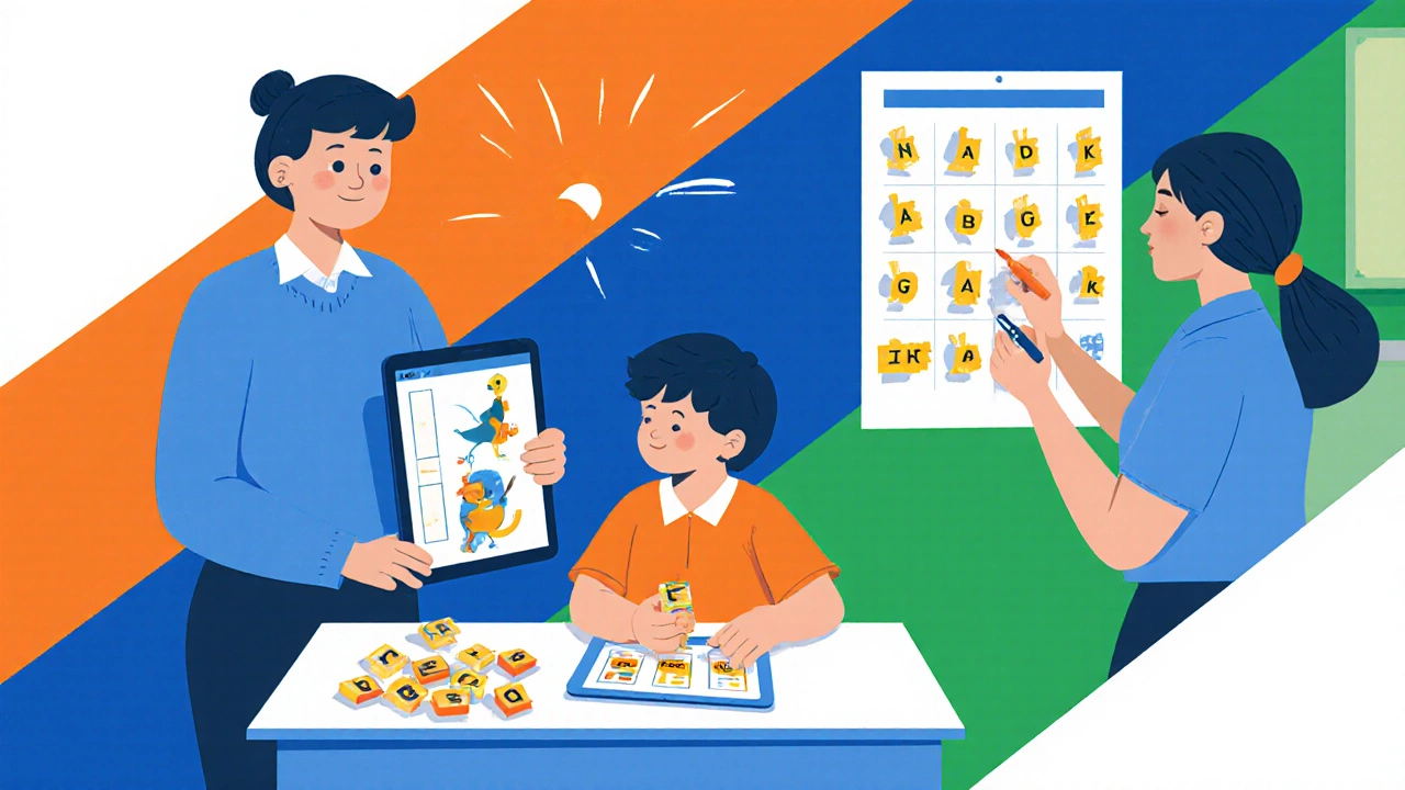Eight‑year‑old using multisensory reading tools and a teacher&#039;s guidance.