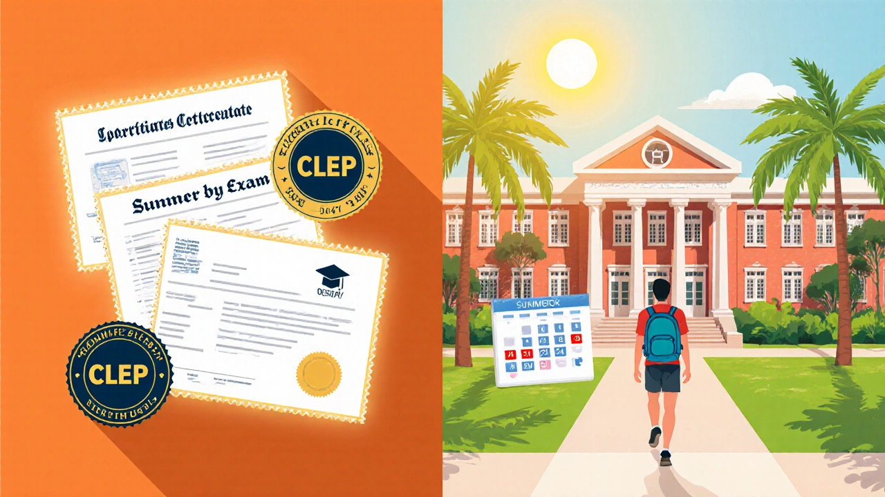 Exam certificates and summer campus scene illustrating fast‑track learning.