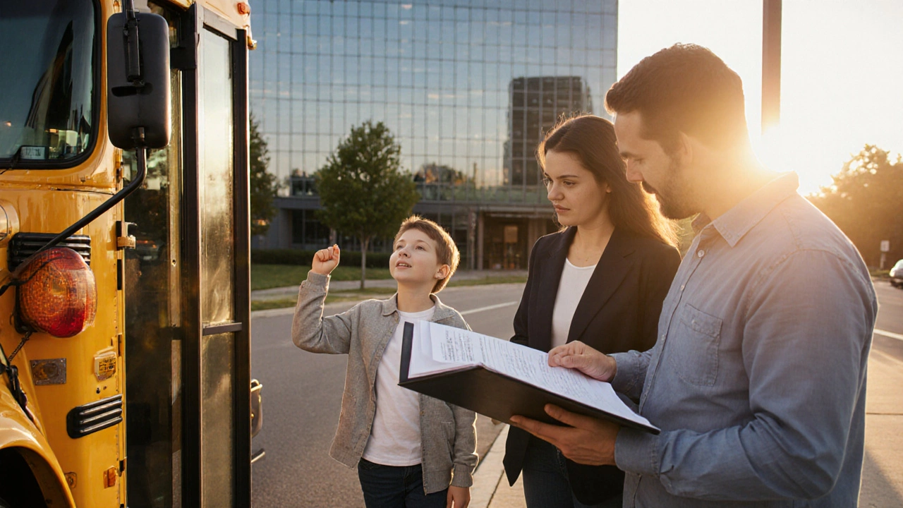 Family waiting at a school bus stop beside a bus, holding enrollment documents.