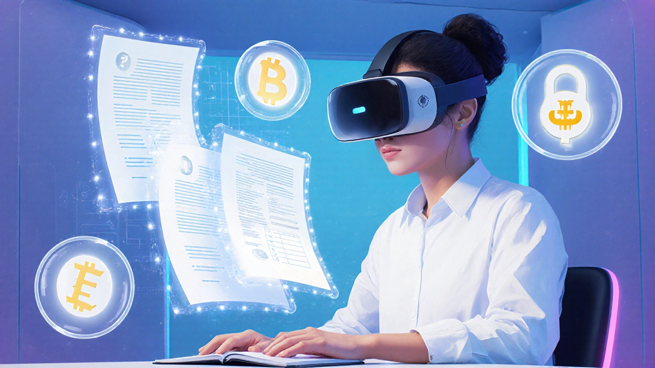 Futuristic scene of a learner in VR with holographic AI tutor, micro‑credential badges, and blockchain symbols.