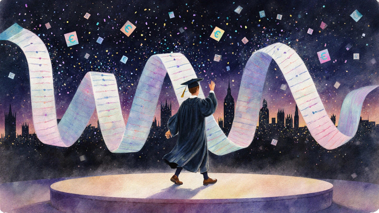 Graduate on stage with a swirling timeline ribbon and credit icons.
