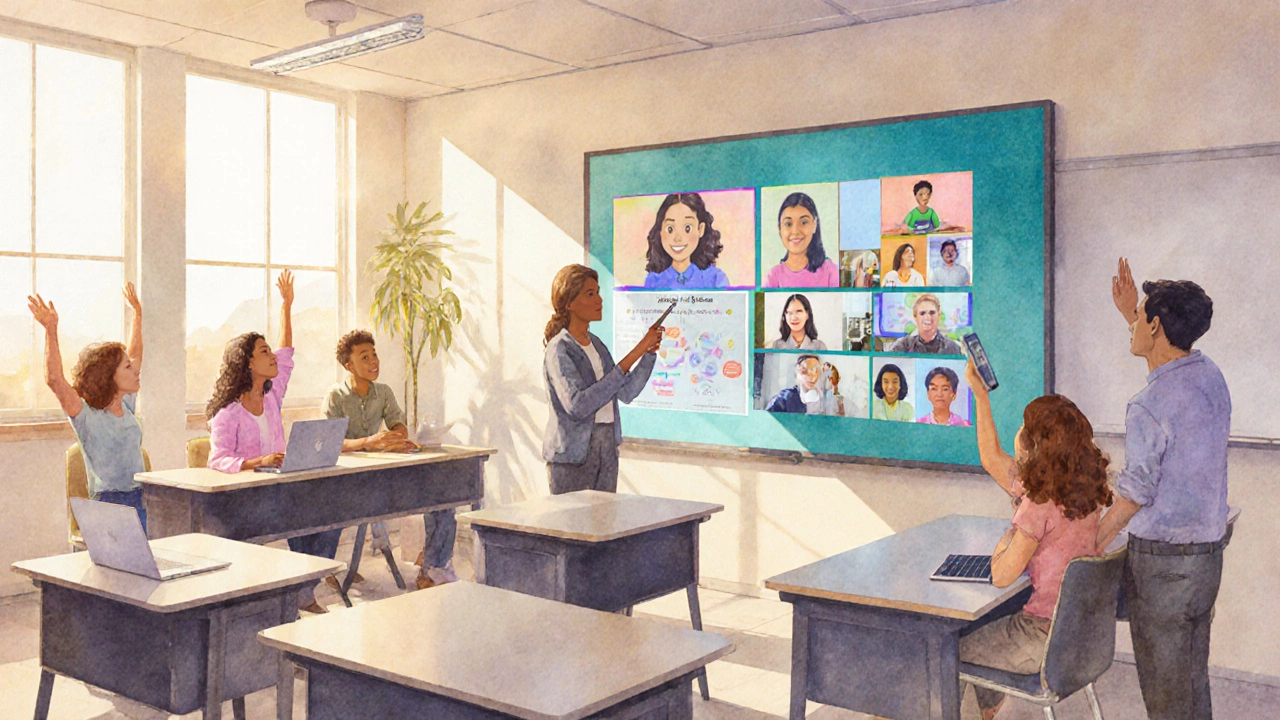 Hybrid class with in‑room students and remote learners on a large screen collaborating.