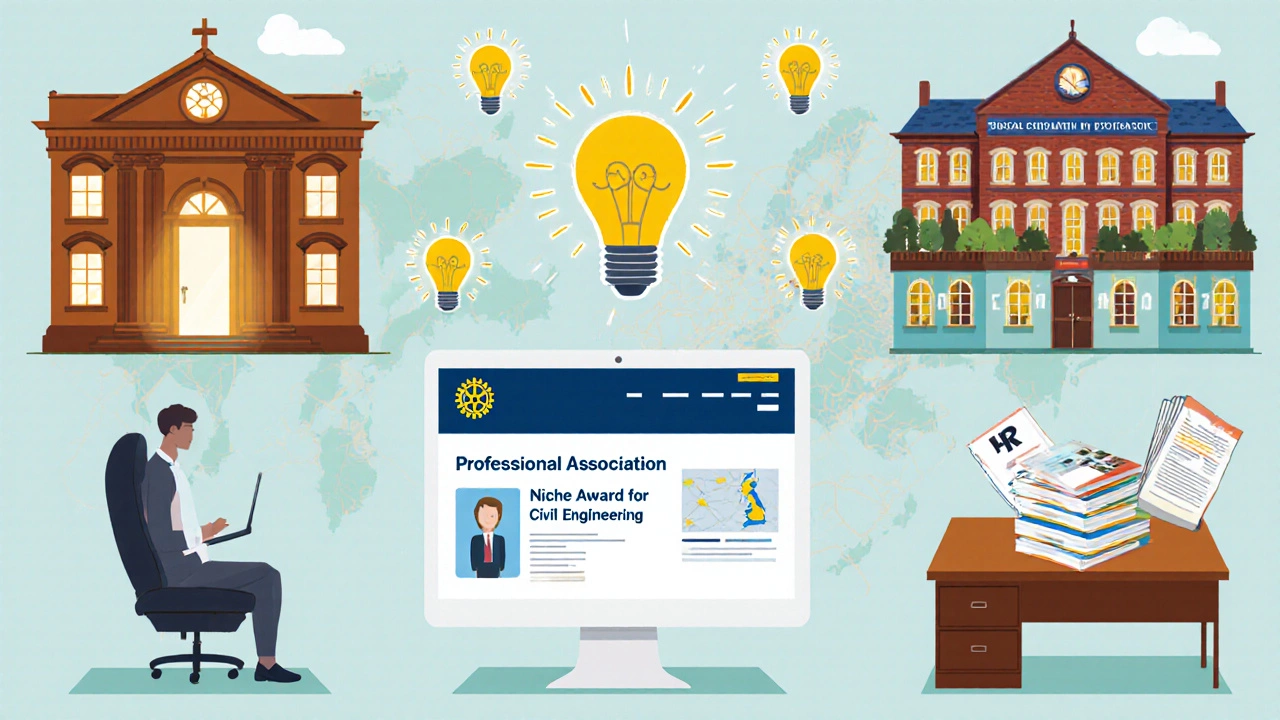 Illustrated collage of community foundation, rotary club, professional association, and HR office with glowing scholarship icons.