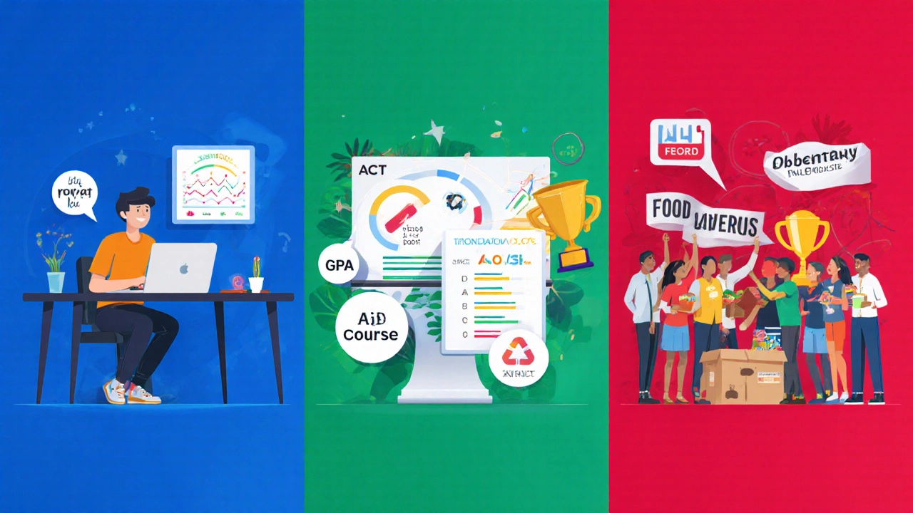 Illustrated three‑panel view: ACT prep, high GPA/AP courses, and community leadership.