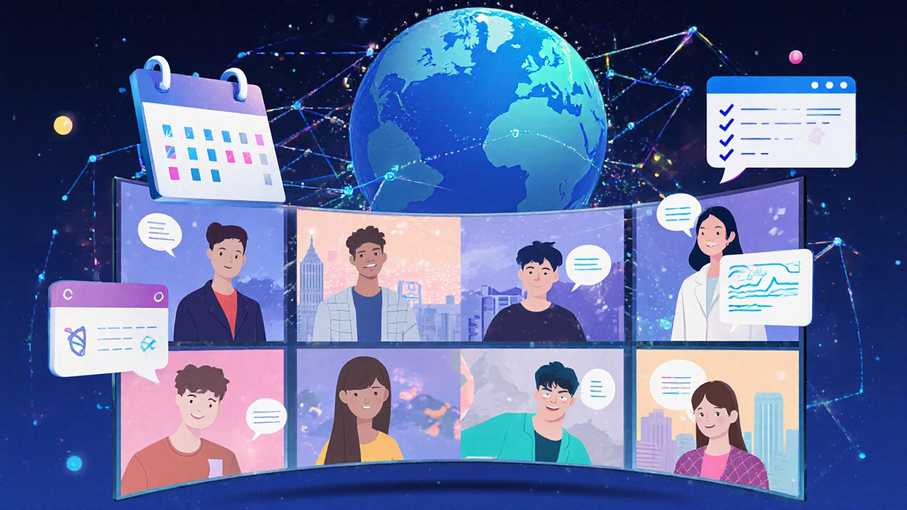 Illustration of a global virtual classroom with student avatars, LMS icons, and a glowing globe of connection.