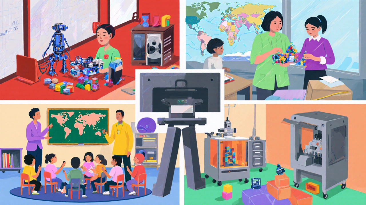 Illustration of five classroom scenes: STEM robotics, special education support, ESL world map, early childhood play, and CTE workshop.