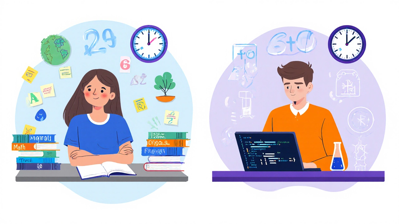 Illustration showing a student with many textbooks versus a student focused on one subject.