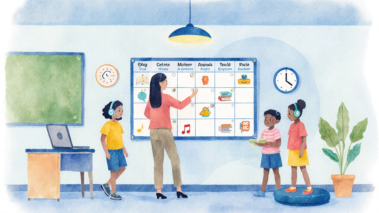 Inclusive classroom with visual schedule, headphones, laptop, and balance cushion.