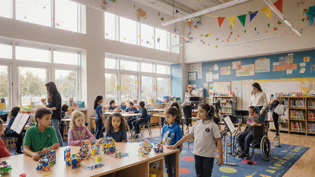 Inside a bright elementary school where students work on robotics, music, and ESL reading.