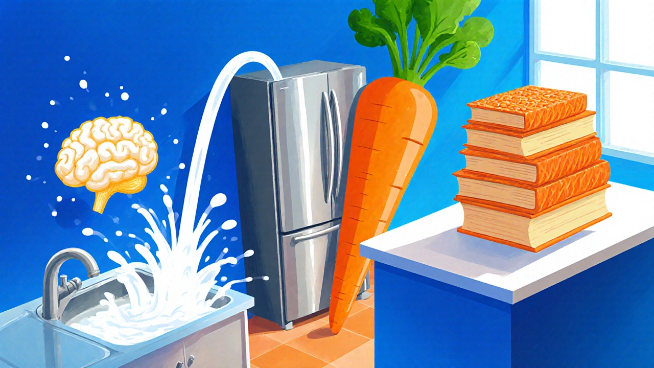 Kitchen turned into a Memory Palace with carrot, milk waterfall, and floating books.