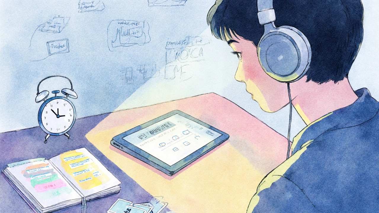 Learner using headphones, tablet, timer, notebook, and flashcards during a short study chunk.