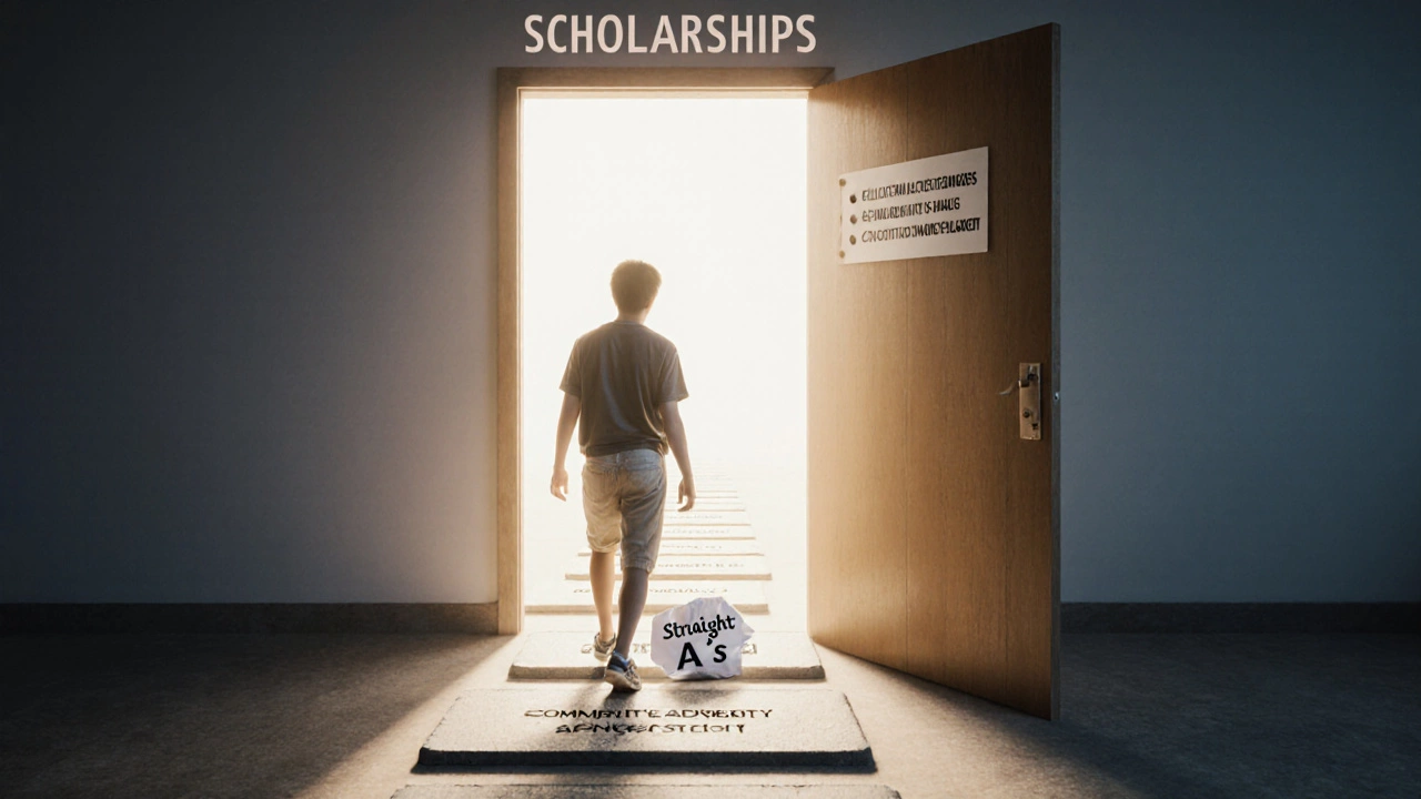 Open door to scholarships with path of stepping stones labeled by real criteria, person walking away from 'Straight A's' sign.