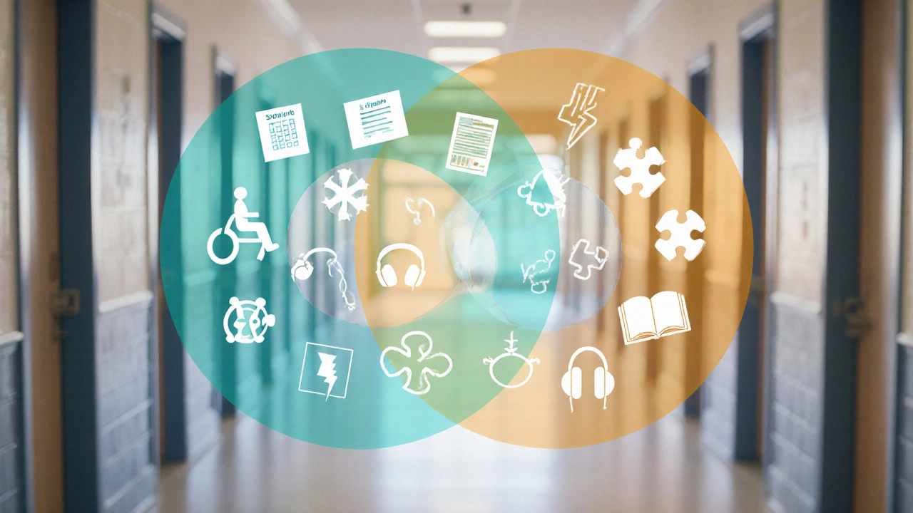 Overlapping teal and amber circles with icons representing special needs and neurodivergent traits.