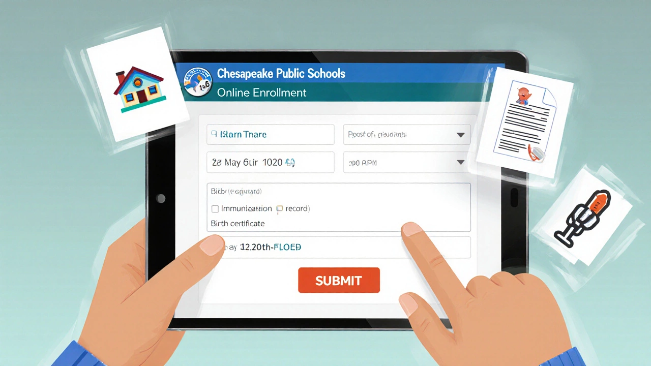 Parent using tablet to fill online enrollment form and upload required documents.
