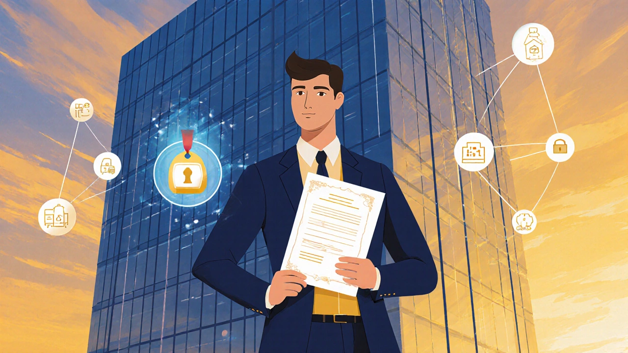 Person holding certificate in front of glass office building, holographic badge nearby, illustrating career progress.