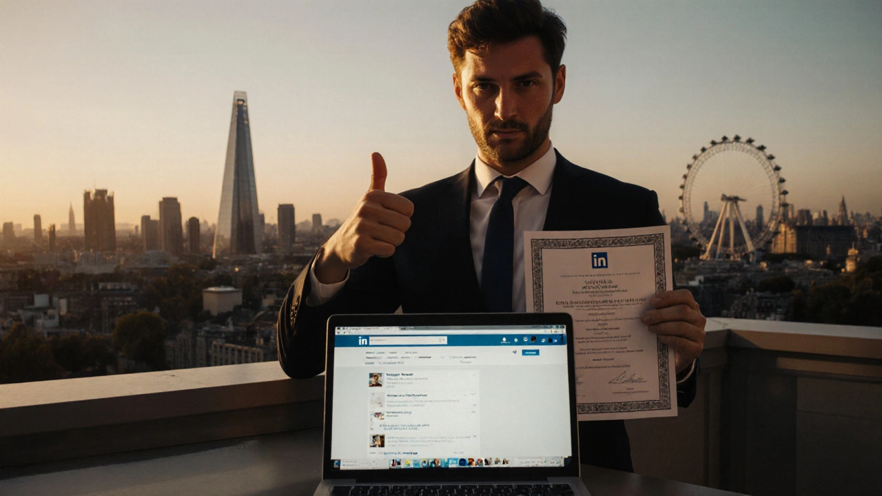 Professional holding a certificate while updating LinkedIn on a laptop, celebrating success.