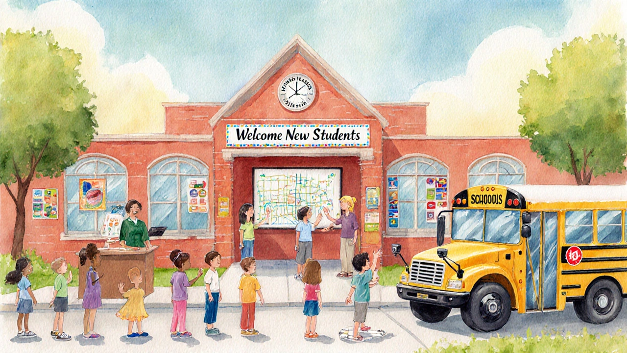 School orientation with children, bus, counselor, and teacher welcoming new students.