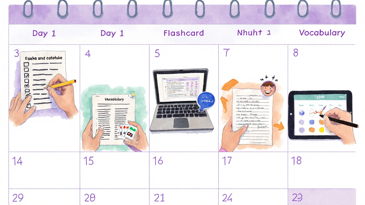 Seven daily study scenes around a pastel calendar showing varied learning activities across a week.