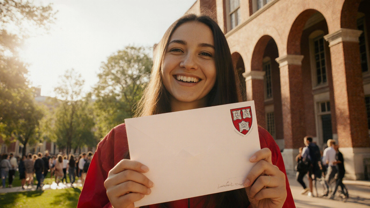Student holding Harvard acceptance letter in the bright Harvard Yard, smiling.