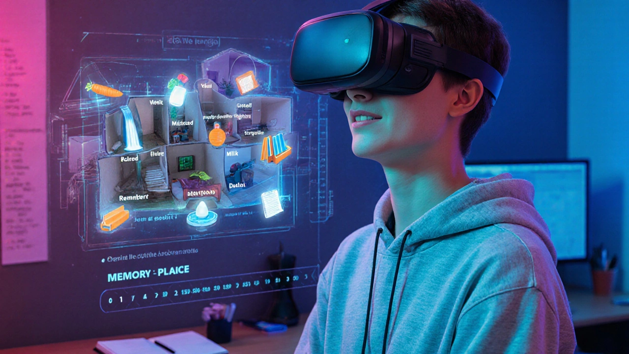 Student using VR to view a Memory Palace with mnemonic cues and spacedâreview reminders.