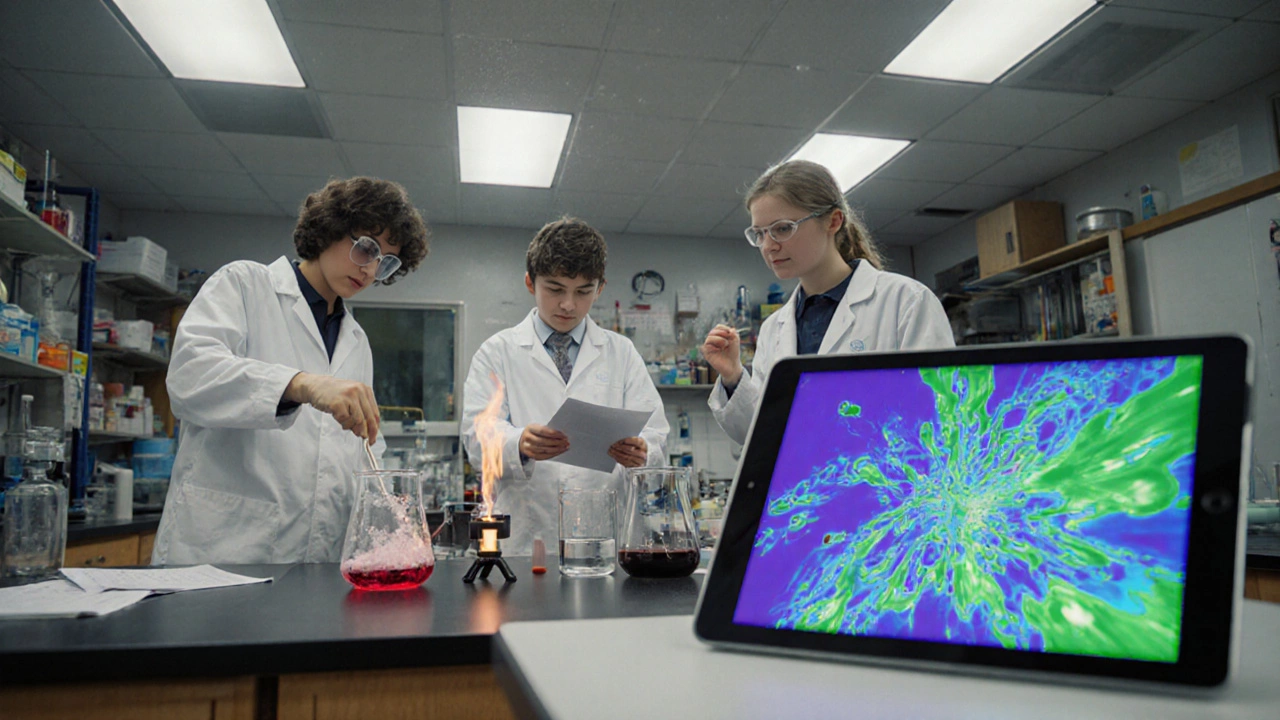 Students conducting a chemistry experiment in a lab while a tablet displays a virtual simulation.