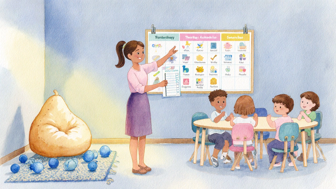 Teacher with a checklist beside a visual schedule and a sensory corner in a classroom.