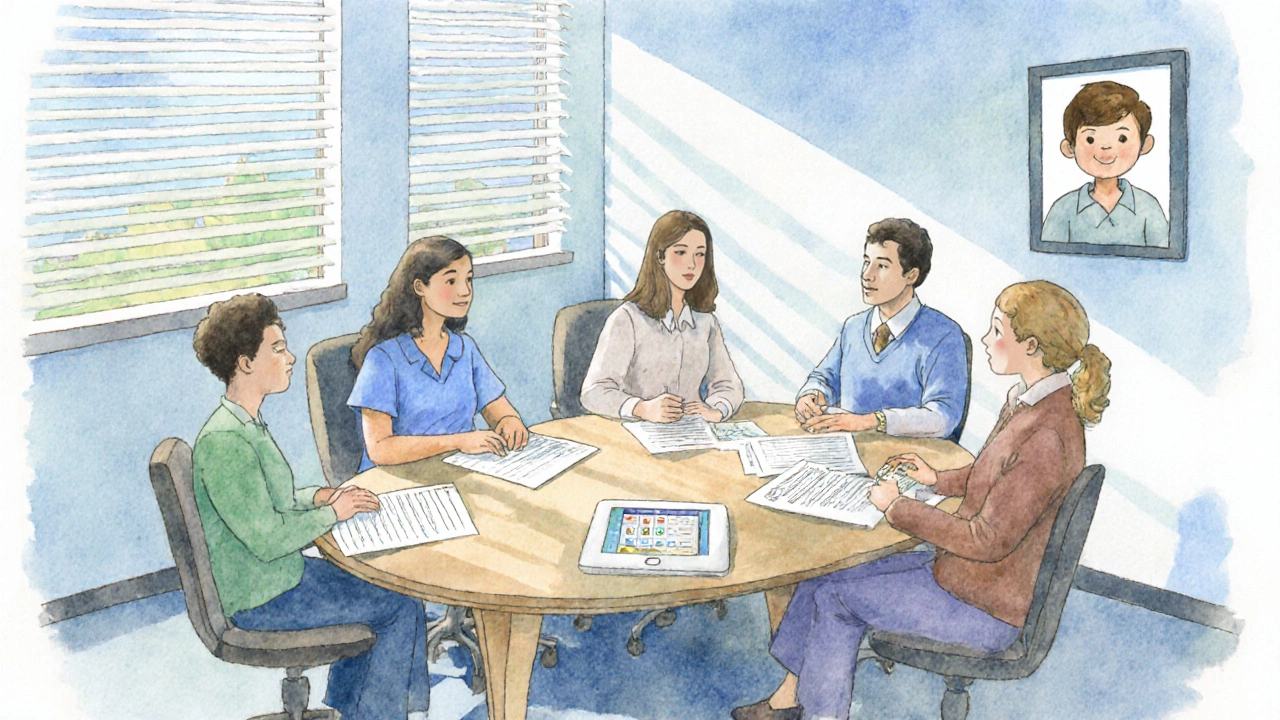 Team of specialists discussing a child's assessment with documents on a table.