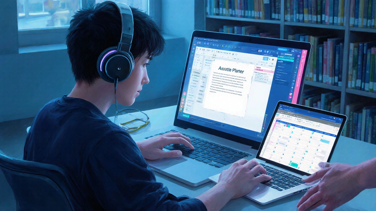 Teen using laptop text‑to‑speech and planner app in a library.