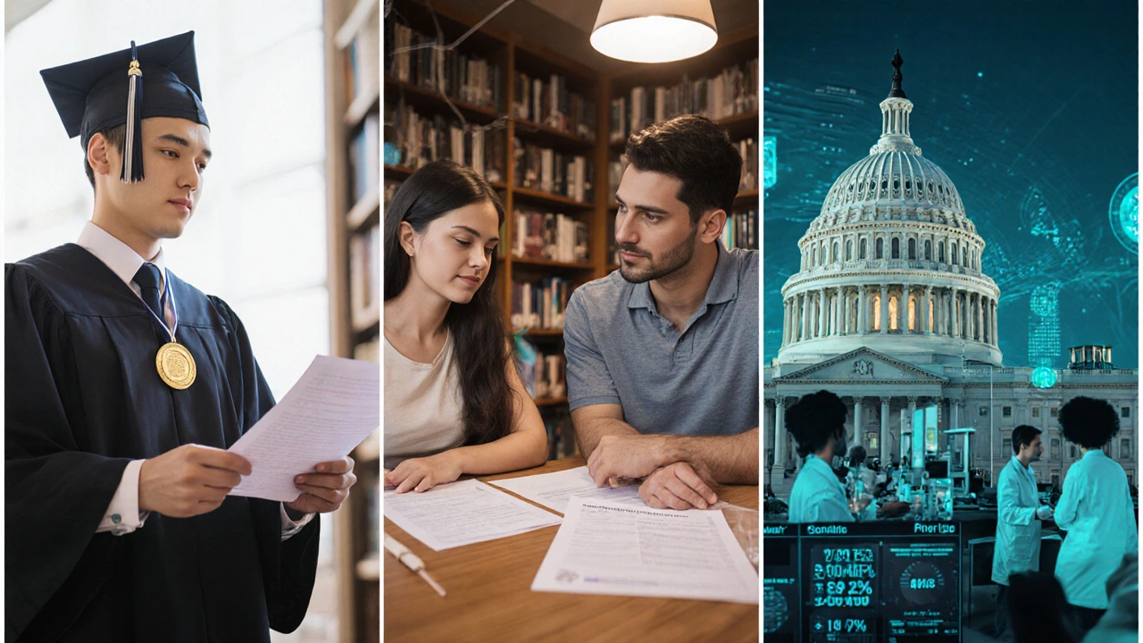Three panels portraying merit, need, and government scholarships in realistic settings.