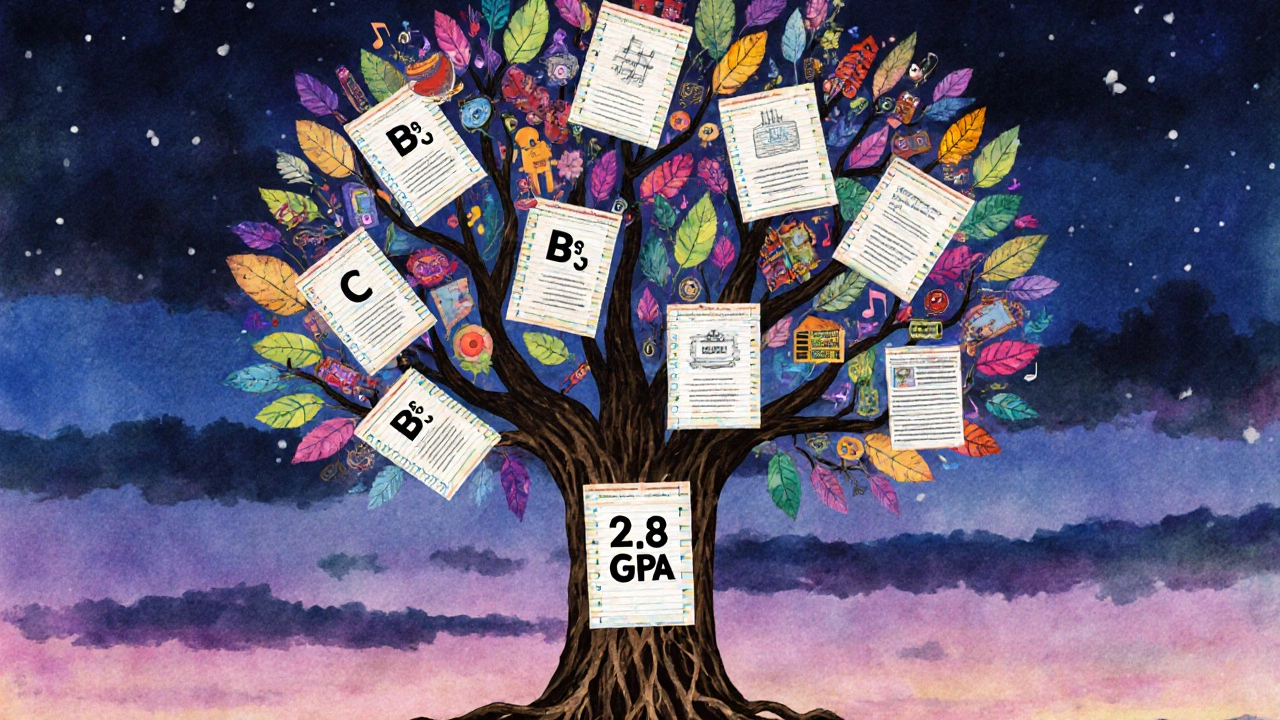 Tree with report card roots and branches made of community service icons under a twilight sky.