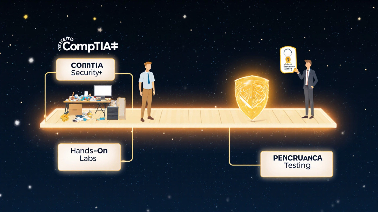 A glowing career path bridge leading from a home desk to a job offer in cybersecurity.