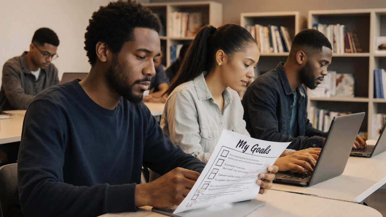 A group of adults learning at individual stations with personalized materials and checklists.