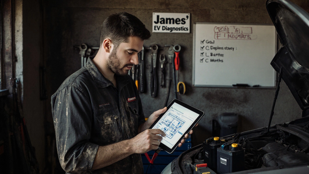A mechanic studying electric vehicle repair on a tablet in his garage.