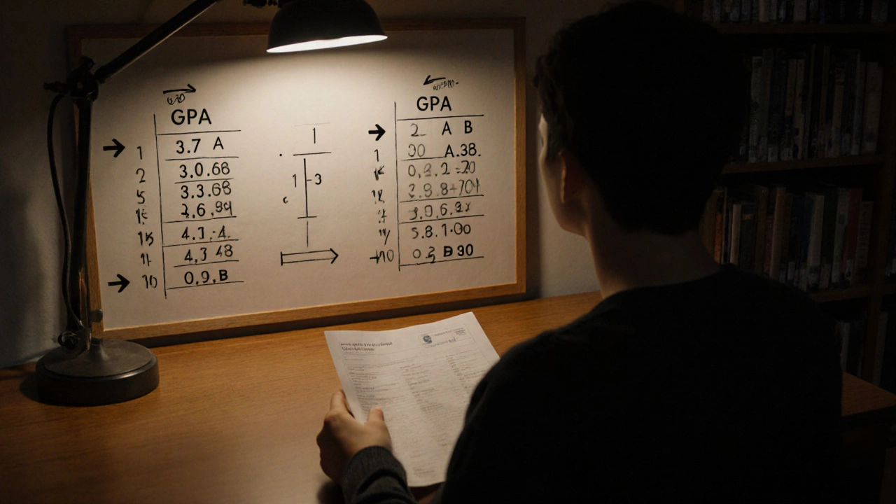 A student examining A-level results alongside a GPA conversion chart under warm library lighting.