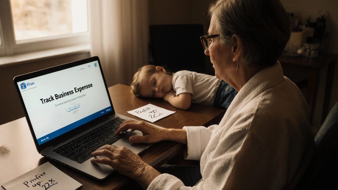 A woman learning accounting on her laptop at home while her child sleeps nearby.