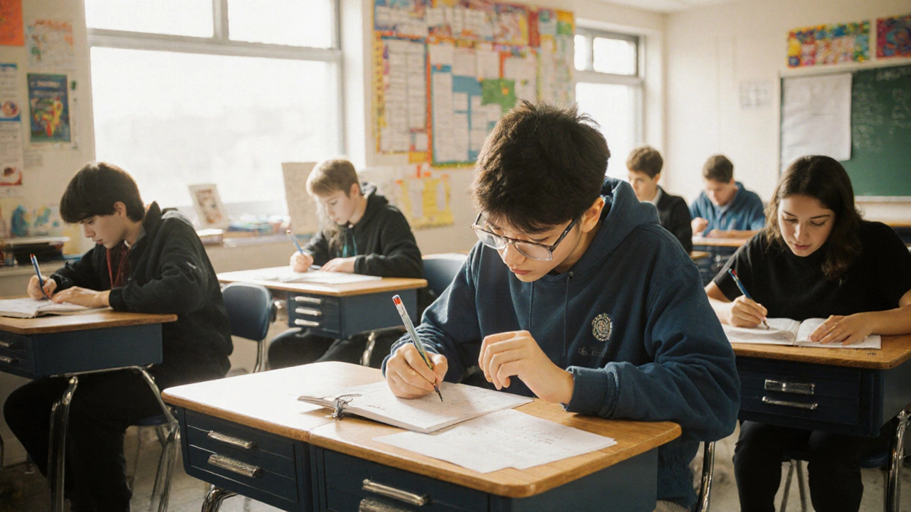 American high school students taking AP exams amid diverse classroom activities.