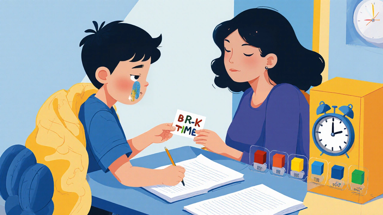 Child handing a break card to mother during homework, with weighted blanket and timer visible.