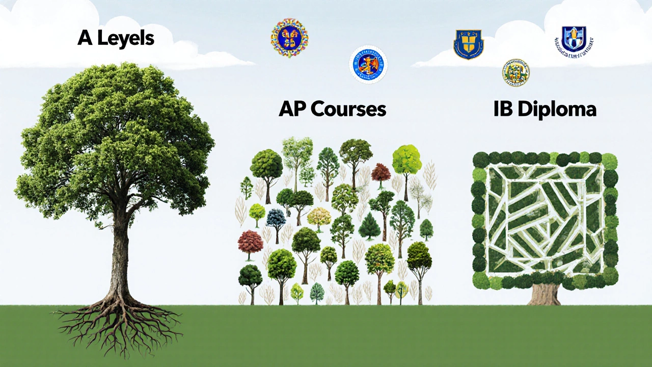 Conceptual comparison of A Levels, AP, and IB as different educational systems.