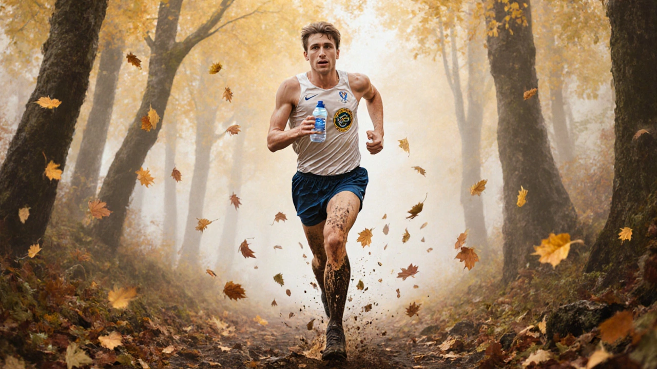 Cross country runner charging through an autumn forest trail with leaves swirling around them.