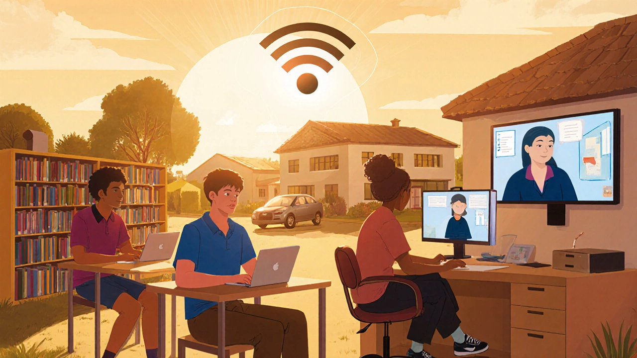 Diverse students in rural areas connected via virtual learning with strong internet and support.