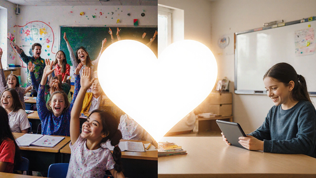 Hybrid education concept: traditional classroom and home learning connected by a heart-shaped light bridge.